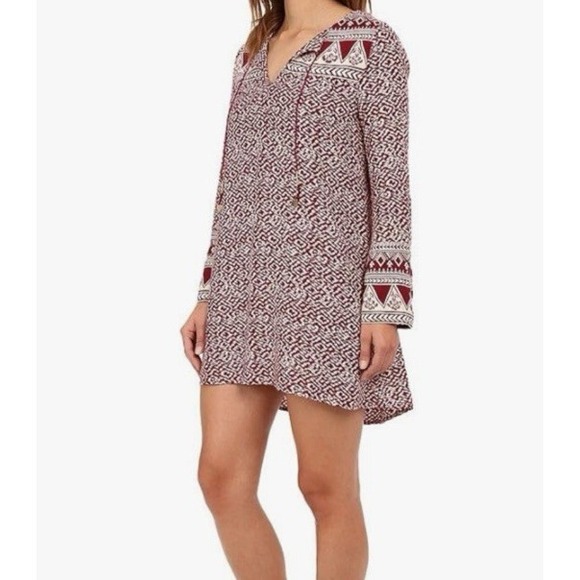 Billabong  Womens XS Mini‎ Dress Burgundy V Neck Bell Slv Boho Aztec Peasant - Picture 2 of 13
